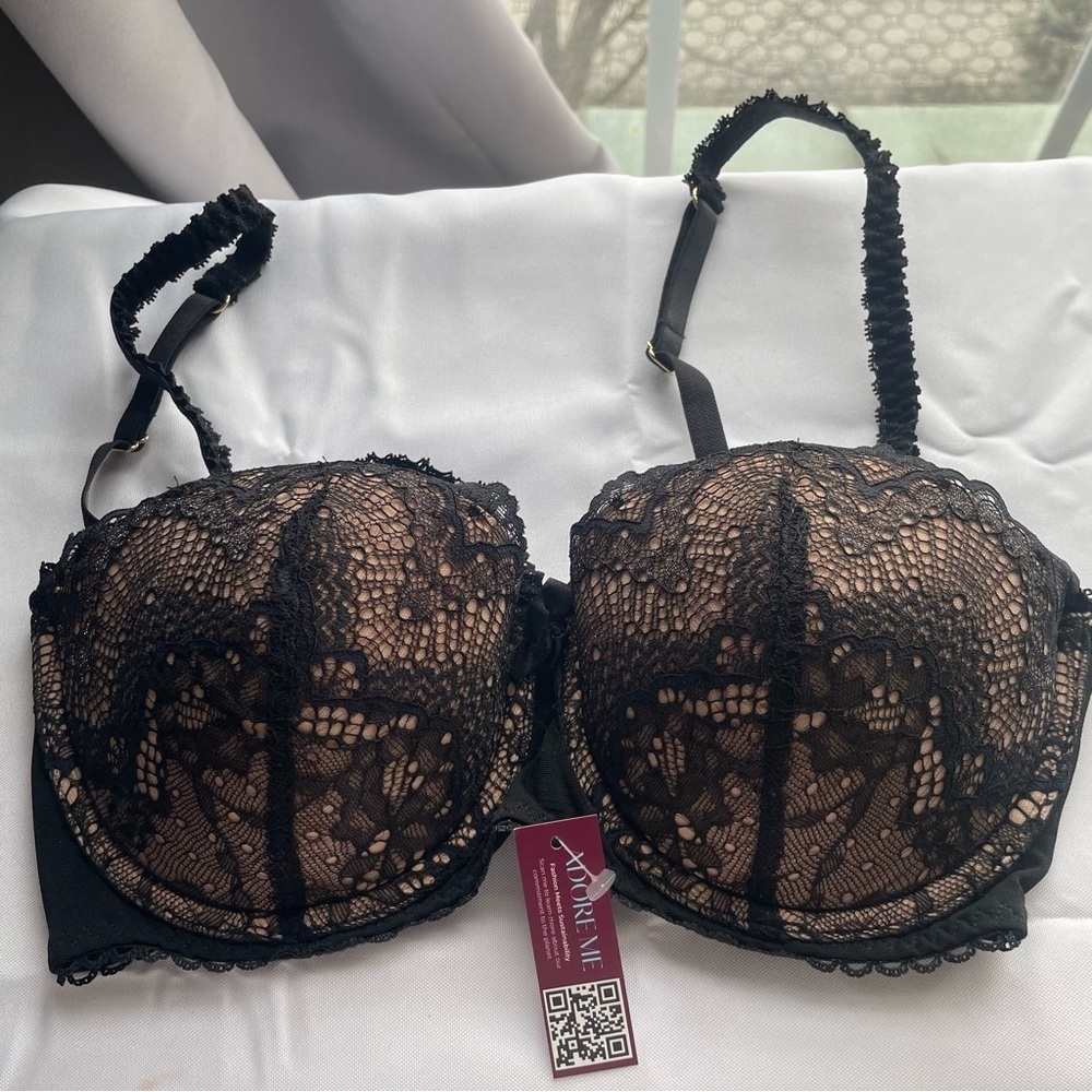 Adore Me Padded Bra Womens Size 34C Jet Black Floral Lace Underwire NWT